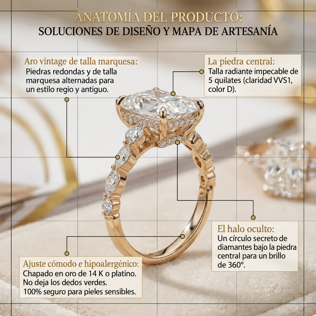 Un poco de brillo para ti: Anillo de moissanita de corte radiante impecable de 1 a 5 quilates (halo oculto, VVS1)
